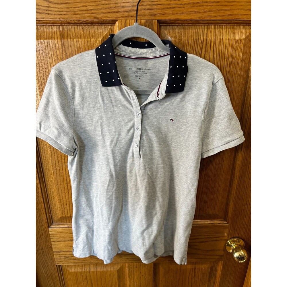 Tommy Hilfiger Women's Short Sleeve Polo Size M Grey With Navy Polk-a-Dot Collar